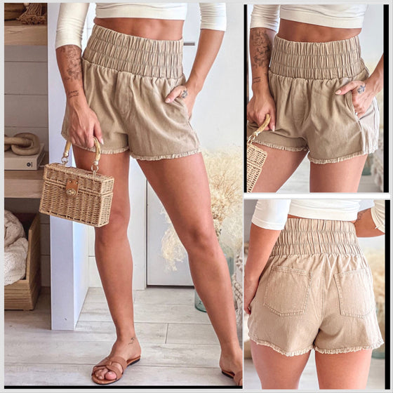 Khaki Smocked High Waist Cotton/Spandex Pocket Shorts