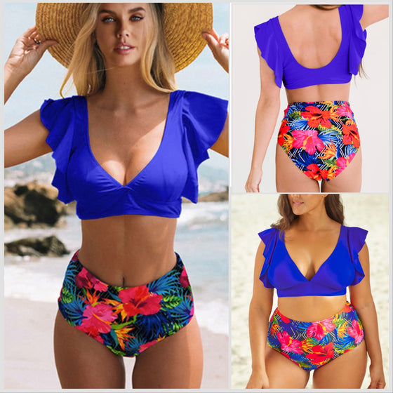 High Waist Blue Floral Swimsuit