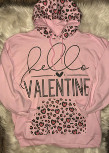  Hello Valentine Pink Hoodie With Contrast Leopard Heart Pocket & Hood