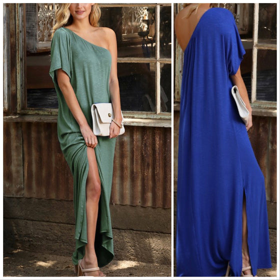 One Shoulder Seafoam Green Side Slit Maxi Dress