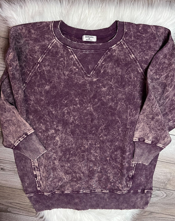 Plum 3X - Zenana Cotton High Quality Acid Wash Crewneck Sweatshirt