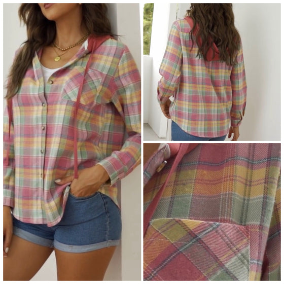 S & M - Pink Multi Hooded Plaid Shirt