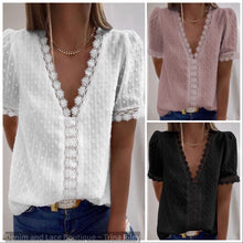  White M & L - Lace Swiss Dot V-Neck Blouse