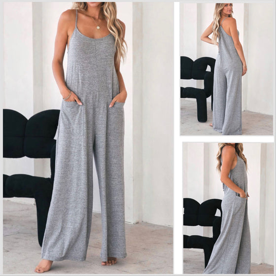 In Stock! Last 1 Sz L Left! Gray Cotton Blend Pocket Jumpsuit - Lightweight