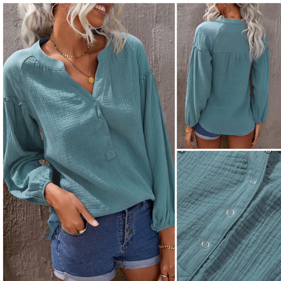 Dusty Teal Balloon Sleeve Top