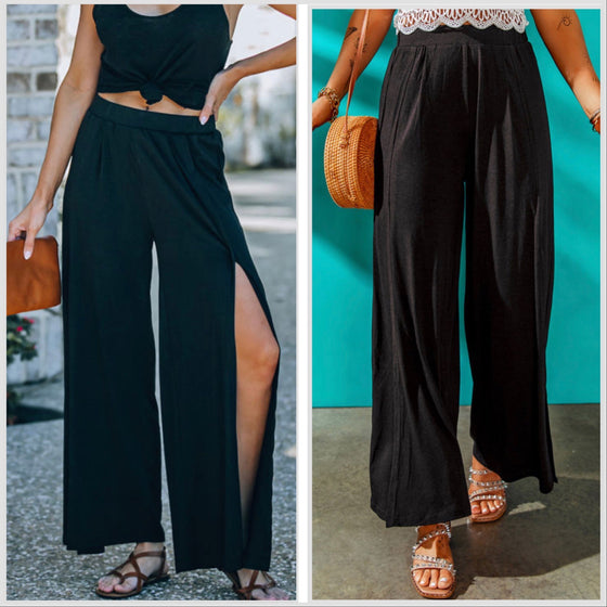 Black Side Slit Wide Leg Pants