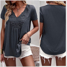  In Stock! Gray Lace Crochet V-Neck Cotton Blend Tee