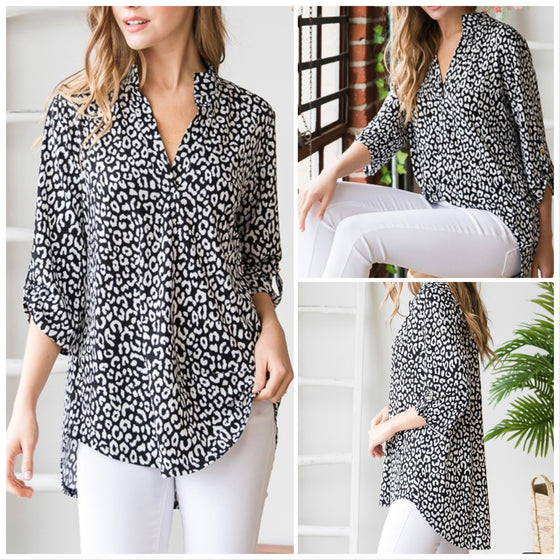 1X-3X 3/4 Hemish Sleeve Black White Leopard Top