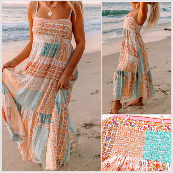 Last 2! M, L - Boho Patchwork Lined Maxi Sundress