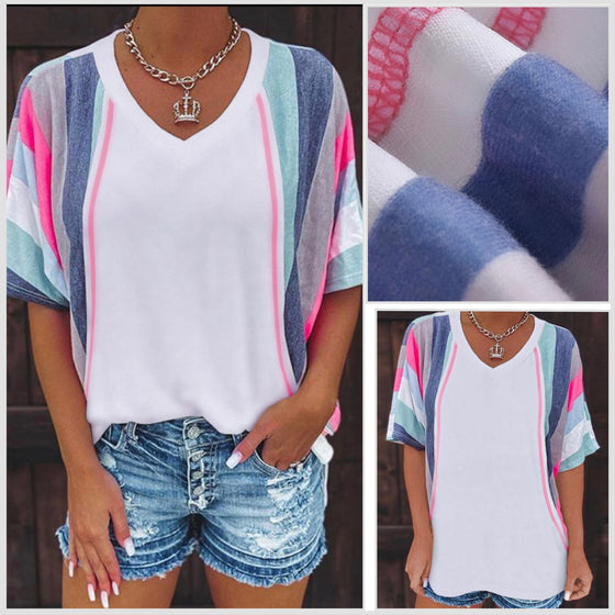 White Multi Stripe V-Neck Tee