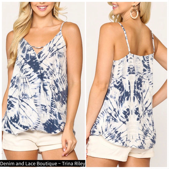 S, M, L Available! Runs Loose - Gigio Denim Blue Tie Dye V-Neck Surplice Hem Tank